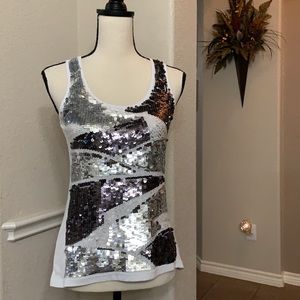 Hint shiny silver, dark gray, white sequined  top Size S